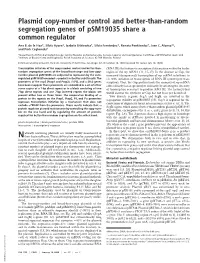 Plasmid Copy-Number Control and Better-Than-Random Segregation Genes of Psm19035 Share a Common Regulator