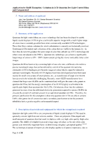 Application for Rohs Exemption: Cadmium in LCD Quantum Dot Light Control Films and Components
