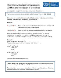 Operations with Algebraic Expressions: Addition and Subtraction of Monomials