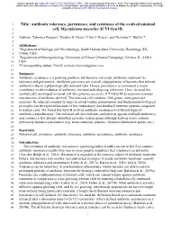 Antibiotic Tolerance, Persistence, and Resistance of the Evolved Minimal 2 Cell, Mycoplasma Mycoides JCVI-Syn3b