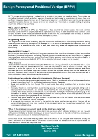 Benign Paroxysmal Positional Vertigo (BPPV)