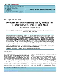 Production of Antimicrobial Agents by Bacillus Spp. Isolated from Al-Khor Coast Soils, Qatar