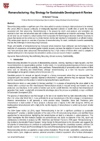 Remanufacturing: Key Strategy for Sustainable Development-A Review