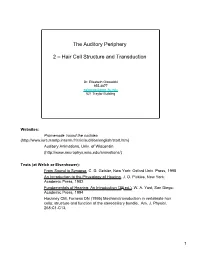 The Auditory Periphery 2 – Hair Cell Structure and Transduction