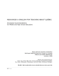 RESOURCES in ENGLISH for TEACHING ABOUT QUÉBEC