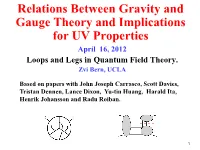 Relations Between Gravity and Gauge Theory and Implications for UV Properties April 16, 2012 Loops and Legs in Quantum Field Theory