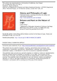 Bolzano and Kant on the Nature of Logic
