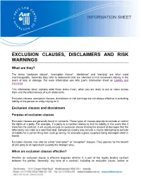 Exclusion Clauses, Disclaimers and Risk Warnings