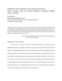 Reduction and Emergence in the Physical Sciences: Some Lessons from the Particle Physics–Condensed Matter Physics Debate