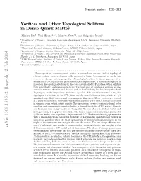 Vortices and Other Topological Solitons in Dense Quark Matter