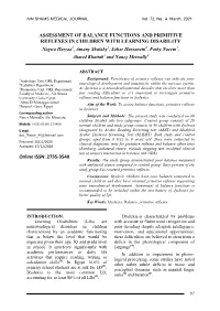 Assessment of Balance Functions and Primitive Reflexes in Children With