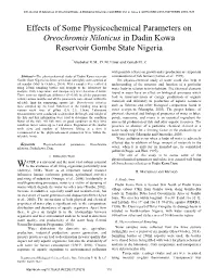 Effects of Some Physicochemical Parameters on Oreochromis Niloticus in Dadin Kowa Reservoir Gombe State Nigeria