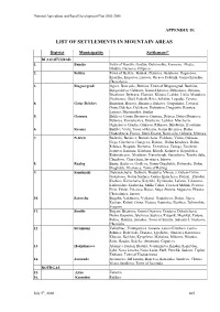 List of Settlements in Mountain Areas