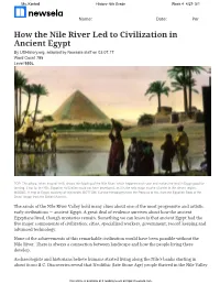 How the Nile River Led to Civilization in Ancient Egypt by Ushistory.Org, Adapted by Newsela Staff on 03.07.17 Word Count 795 Level 950L