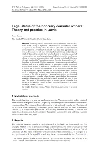 Legal Status of the Honorary Consular Officers: Theory and Practice in Latvia