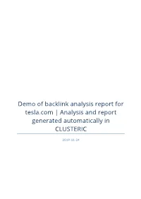 Demo of Backlink Analysis Report for Tesla.Com | Analysis and Report Generated Automatically in CLUSTERIC