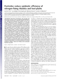 Pesticides Reduce Symbiotic Efficiency of Nitrogen-Fixing Rhizobia and Host Plants