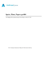 Speier, Hans; Papers Ger084
