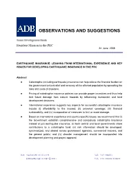Earthquake Insurance: Lessons from International Experience and Key Issues for Developing Earthquake Insurance in the Prc