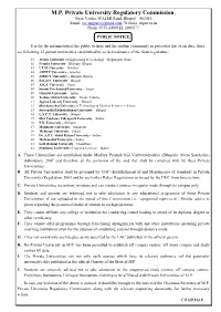 M.P. Private University Regulatory Commission, Gyan Vatika, WALMI Road, Bhopal – 462016 Email: Sec.Mppurc@Gmail.Com, Website: Mpnvva.In Phone 0755-2490322, 2490577