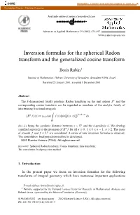 Inversion Formulas for the Spherical Radon Transform and the Generalized Cosine Transform