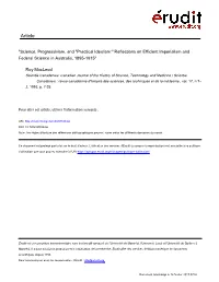 Science, Progressivism, and "Practical Idealism:" Reflections on Efficient Imperialism and Federal Science in Australia, 1895-1915"