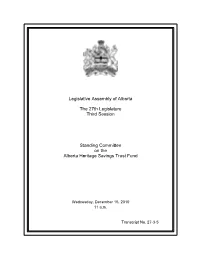 Legislative Assembly of Alberta the 27Th Legislature Third Session