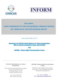 Sri Lanka Joint Submission to the UN Universal Periodic Review 28Th Session of the UPR Working Group