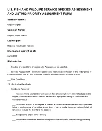 U.S. Fish and Wildlife Service Species Assessment and Listing Priority Assignment Form