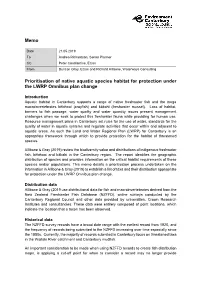 Memo Prioritisation of Native Aquatic Species Habitat for Protection Under the LWRP Omnibus Plan Change