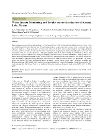 Water Quality Monitoring and Trophic Status Classification of Karanji Lake, Mysore