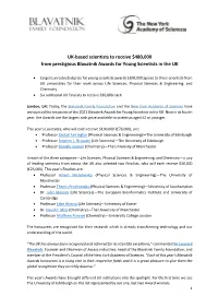 UK-Based Scientists to Receive $480,000 from Prestigious Blavatnik Awards for Young Scientists in the UK