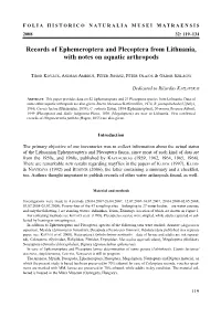 Records of Ephemeroptera and Plecoptera from Lithuania, with Notes on Aquatic Arthropods