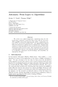 Automata: from Logics to Algorithms