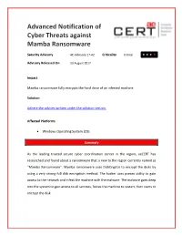 Advanced Notification of Cyber Threats Against Mamba Ransomware