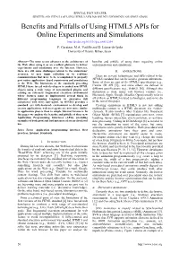 BENEFITS and PITFALLS of USING HTML5 APIS for ONLINE EXPERIMENTS and SIMULATIONS Benefits and Pitfalls of Using HTML5 Apis for Online Experiments and Simulations