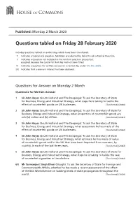 Questions Tabled on Fri 28 Feb 2020