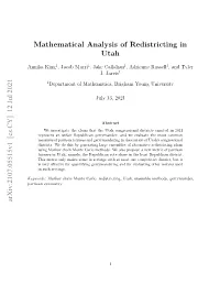 Mathematical Analysis of Redistricting in Utah Arxiv:2107.05515V1 [Cs.CY