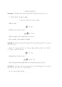 1. More Examples Example 1. Find the Slope of the Tangent Line at (3,9)