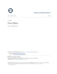 Front Matter Mormon Studies Review