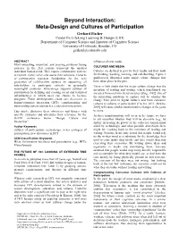 Beyond Interaction: Meta-Design and Cultures of Participation