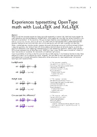 Experiences Typesetting Opentype Math with Lualatex and Xelatex