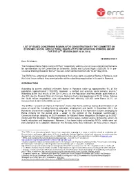List of Issues Concerning Romania for Consideration