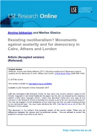 Resisting Neoliberalism? Movements Against Austerity and for Democracy in Cairo, Athens and London