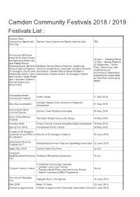 Camden Community Festivals 2018 / 2019 Festivals List