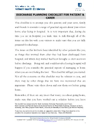 Discharge Planning Checklist for Patient & Carer
