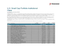 U.S. Small Cap Portfolio-Institutional Class As of October 31, 2018 (Updated Monthly) Source: State Street Holdings Are Subject to Change
