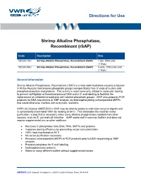 Directions for Use Shrimp Alkaline Phosphatase, Recombinant (Rsap)