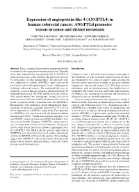 Expression of Angiopoietin-Like 4 (ANGPTL4) in Human Colorectal Cancer: ANGPTL4 Promotes Venous Invasion and Distant Metastasis