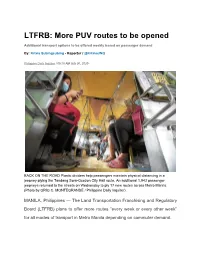 LTFRB: More PUV Routes to Be Opened